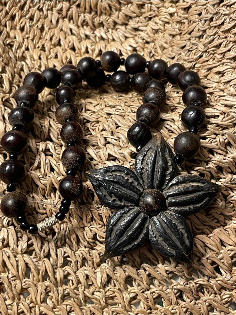 Vintage Handcrafted Dark Wood Bead Necklace with Seed Pod Flower Pendant